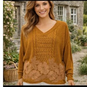 Umgee Gold mustard small floral embroidered women knit sweater boho cozy cottage